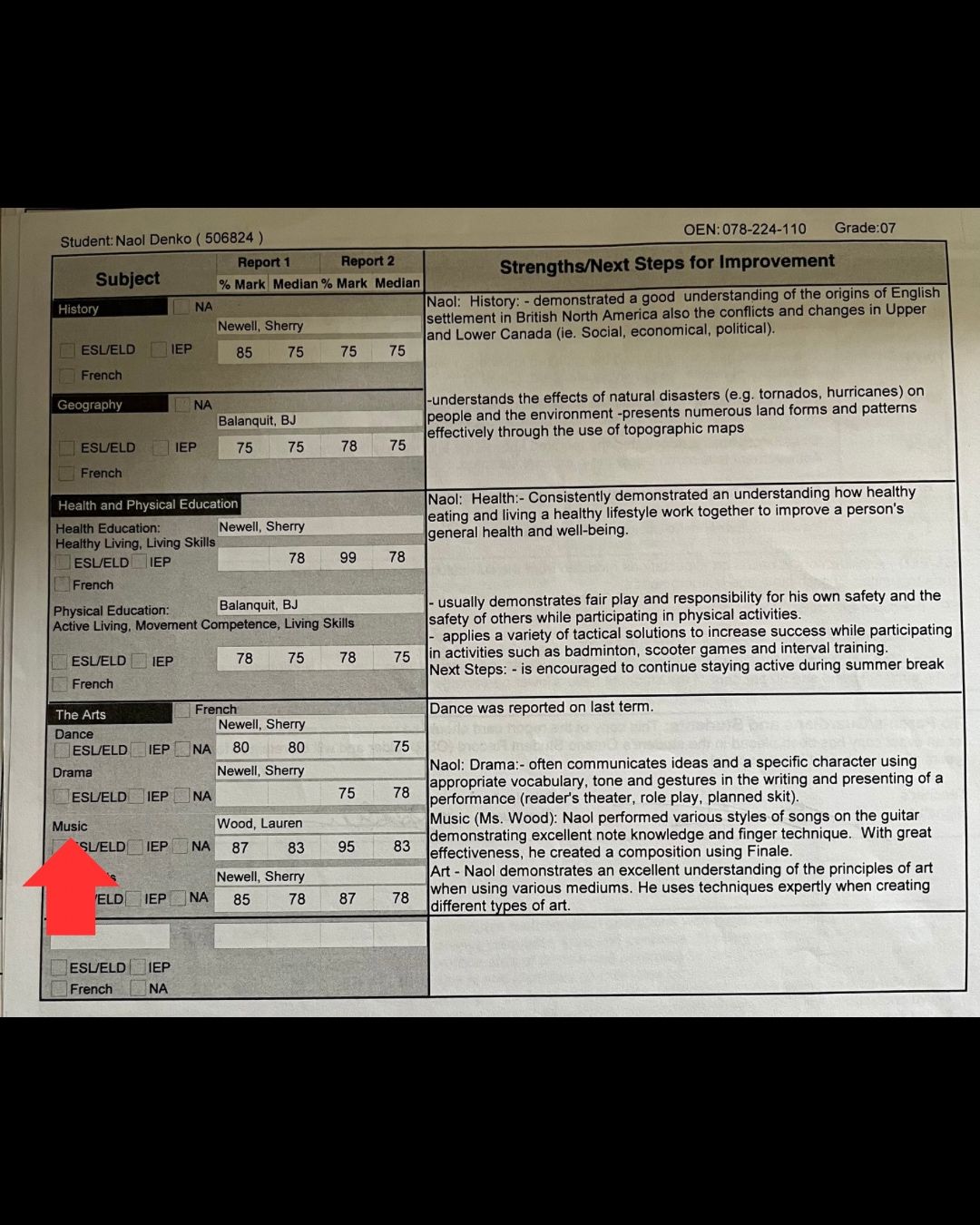 Grade 7 Music Report